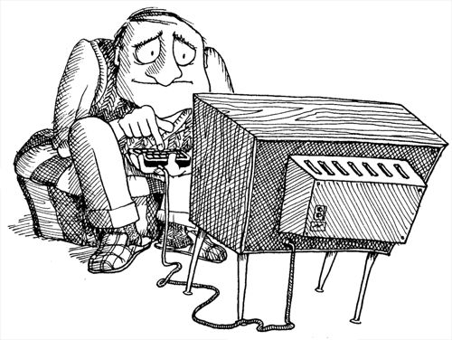 Dessin vintage d'un gars utilisant un ordinateur